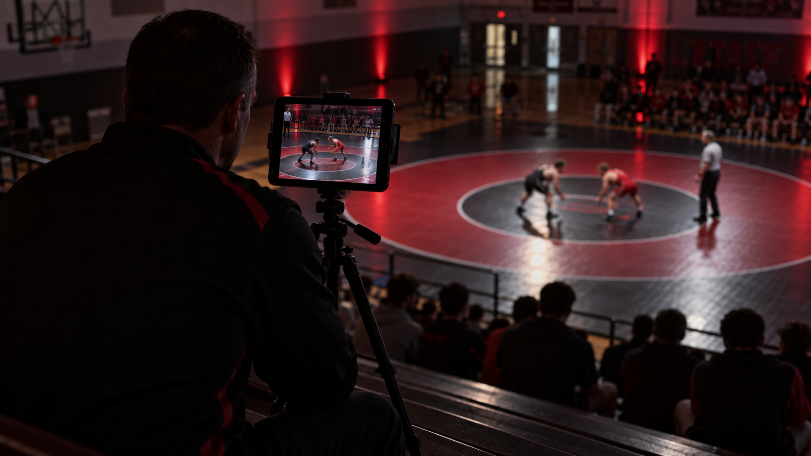 High school wrestling match filmed from mat side